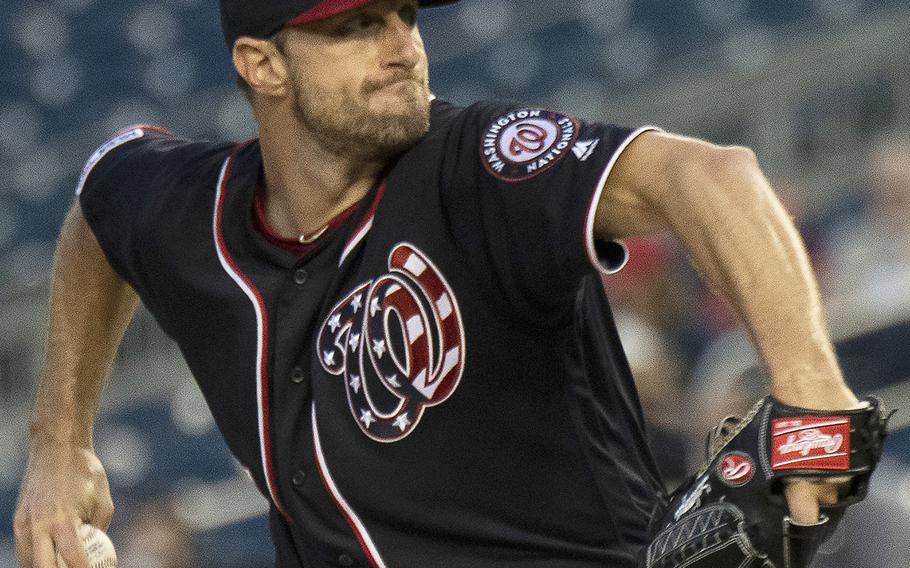 Max Scherzer of the Washington Nationals pitches against the St. Louis Cardinals at Nationals Park in Washington, Wednesday, May 1, 2019. St. Louis won, 5-1, leaving Scherzer with a 1-4 record for the season.