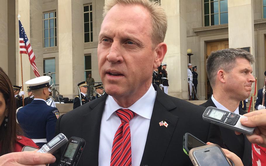 Acting Defense Secretary Pat Shanahan talks to reporters at the Pentagon on May 9, 2019 after the White House announced that President Donald Trump will nominate him for the job on a permanent basis.