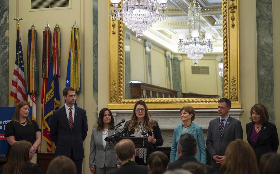 Air Force spouse Brittany Boccher speaks in the Russell Senate Building on Capitol Hill in Washington on Thursday, May 9, 2019. Joining Boccher in promoting efforts to make it easier for military spouses' occupational licenses to be portable from state to state are from left: Navy spouse Andrea Krull; Sen. Tom Cotton, R-Ark; second lady Karen Pence, wife of Vice President Mike Pence; Sen. Jeanne Shaheen, D-N.H; Rep. Jim Banks, R-Ind; and Rep. Susan Davis, D-Calif.