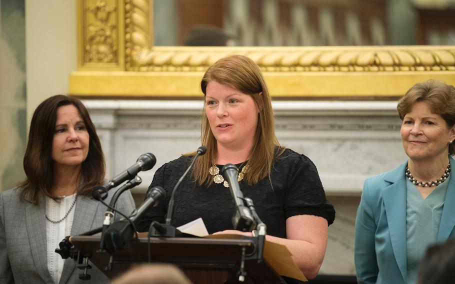 Navy spouse Andrea Krull speaks in the Russell Senate Building on Capitol Hill in Washington on Thursday, May 9, 2019. Joining Krull in promoting efforts to make it easier for military spouses' occupational licenses to be portable from state to state are Sen. Jeanne Shaheen, D-N.H., right; and second lady Karen Pence, wife of Vice President Mike Pence.