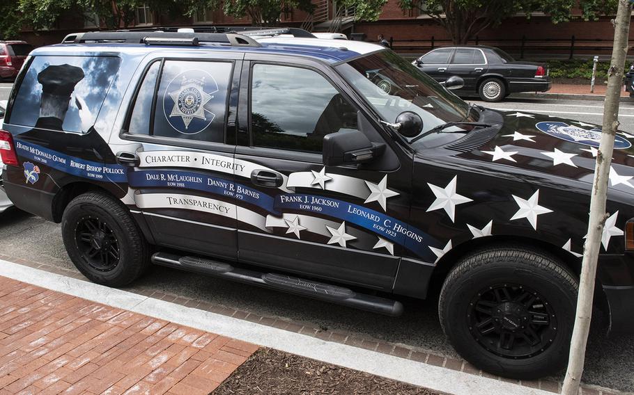 A vehicle from the Adams County, Colo., Sheriff's Department honors the fallen during National Police Week at the National Law Enforcement Officers Memorial in Washington, D.C., May 14, 2019.