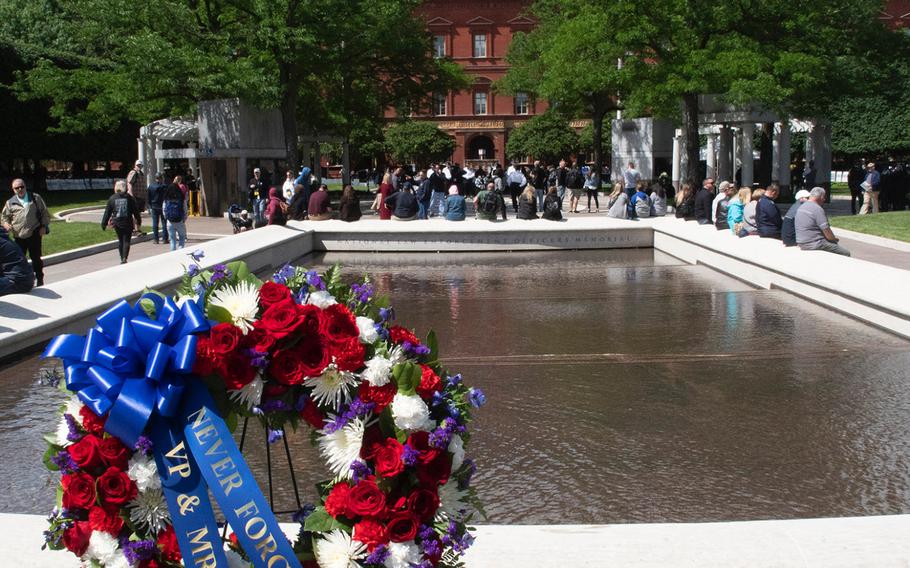 A wreath from Vice President and Mrs. Mike Pence at the National Law Enforcement Officers Memorial in Washington, D.C., during National Police Week , May 14, 2019. In the background is the National Building Museum.