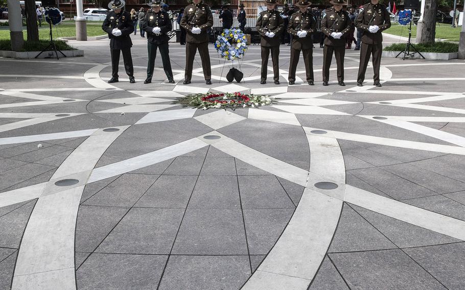 Bureau of Land Management police officers take their turn as the honor guard during National Police Week at the National Law Enforcement Officers Memorial in Washington, D.C., May 14, 2019.