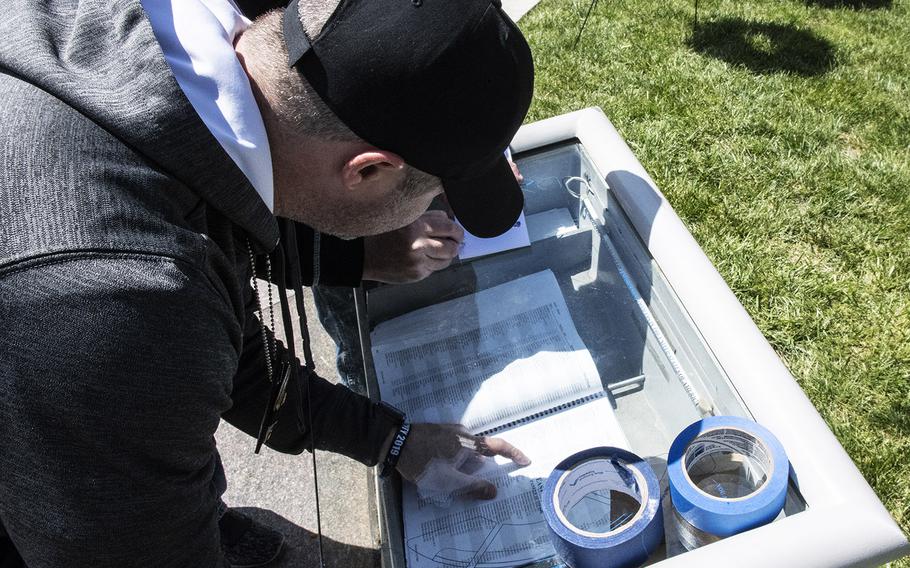 A visitor looks up the name of a fallen officer engraved on the wall at the National Law Enforcement Officers Memorial in Washington, D.C., during National Police Week, May 14, 2019.