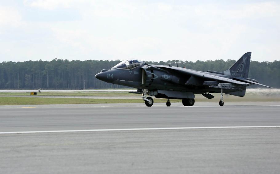 An AV-8B Harrier takes off from Marine Corps Air Station Cherry Point, N.C., March 21, 2016.
