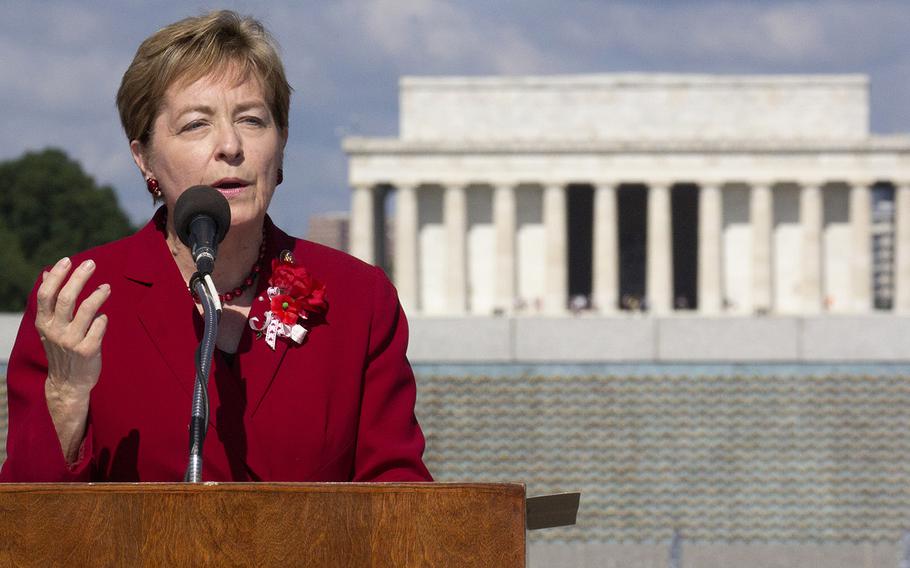 Rep. Marcy Kaptur, D-Ohio, speaks at a Memorial Day ceremony at the National World War II Memorial in Washington, May 27, 2019. In the early 1990s, she introduced the bill in Congress that resulted in the memorial's construction. Kaptur said those who died in World War II served "to prove to the world that liberty belongs to everyone."