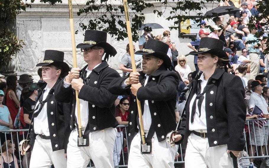 Sailors from the Boston-berthed USS Constitution, the world's oldest commissioned warship afloat, march in the National Memorial Day Parade in Washington, D.C., May 28, 2019.