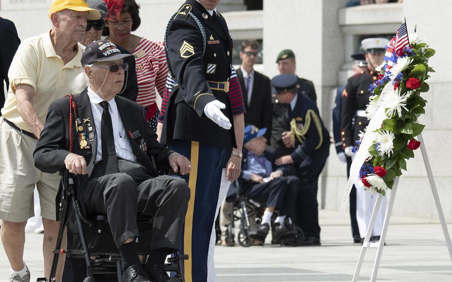 World War II veteran Herman Zeitchik, who landed on Utah Beach on H-Hour of D-Day and later fought in the Battle of the Bulge, takes part in a wreath-laying ceremony marking the 75th anniversary of D-Day, June 6, 2019 at the National World War II Memorial in Washington, D.C.