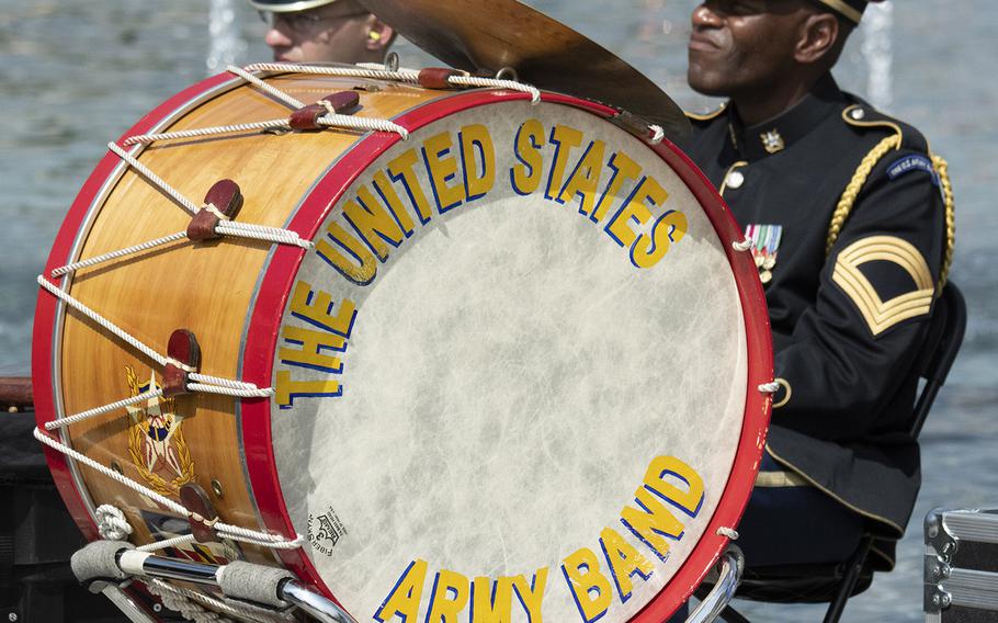A U.S. Army Band drummer at a ceremony marking the 75th anniversary of D-Day, June 6, 2019 at the National World War II Memorial in Washington, D.C.