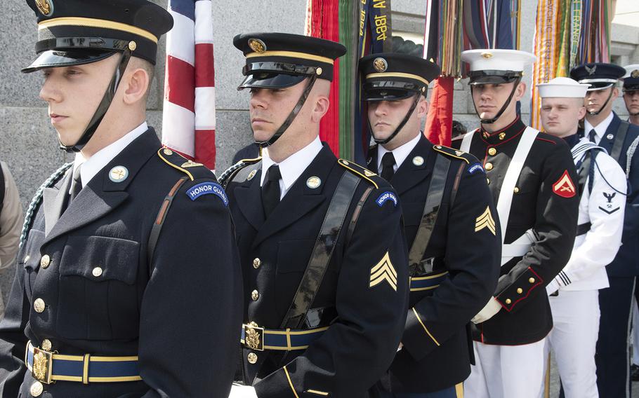 The U.S. Armed Forces Color Guard, at a ceremony marking the 75th anniversary of D-Day, June 6, 2019 at the National World War II Memorial in Washington, D.C.