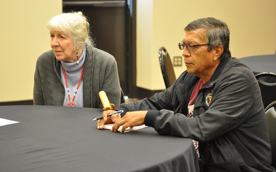 Carol Wild Scott, chairman of the Veterans and Military Law Section of the Federal Bar Association, listens to veterans on Tuesday, Nov. 6, 2018, with Mike Montoya, a member of the Okay Owingeh pueblo in New Mexico. Montoya, who helps veterans in his pueblo with VA claims, invited Scott to educate veterans about getting connected to VA benefits. 
