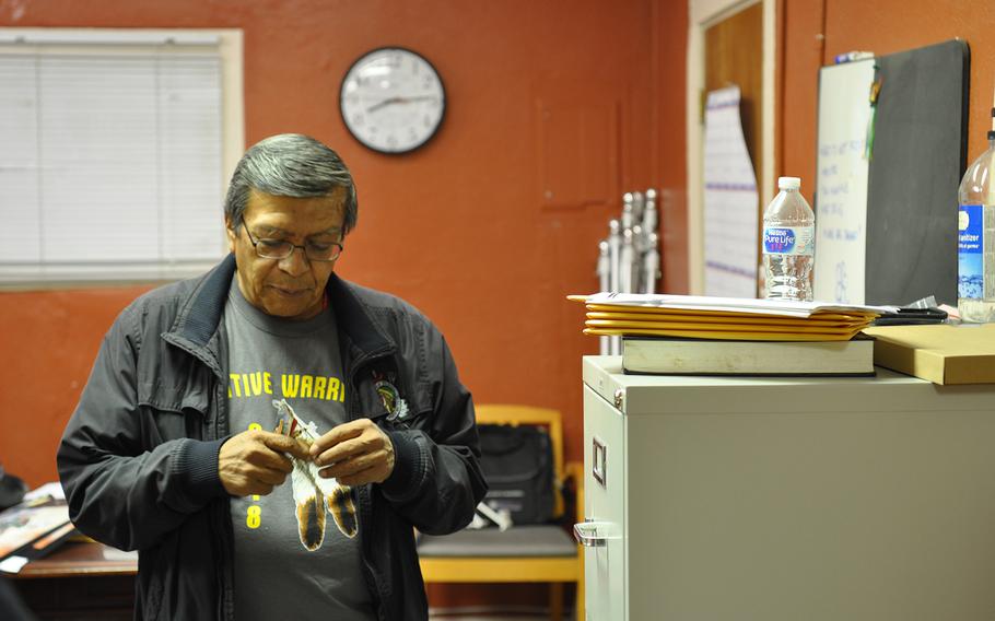 Michael Montoya, an Army veteran, in his office on the Ohkay Owingeh pueblo in north-central New Mexico on Wednesday, Nov. 7, 2018. Montoya is the only person in his pueblo who helps veterans and their families with VA claims.