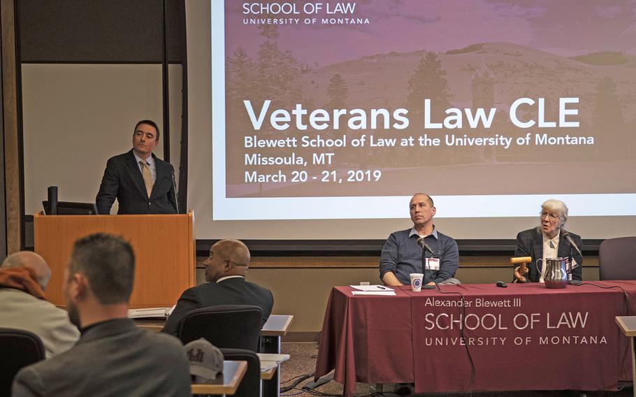 Peter Vicaire, left, and Carol Wild Scott, right, listen to a question from a veteran on Wednesday, March 20, 2019 at the University of Montana in Missoula. Vicaire, a member of the VA Office of Tribal Government Relations, expressed the need for Congress to allocate more resources to the office to help with veteran outreach.