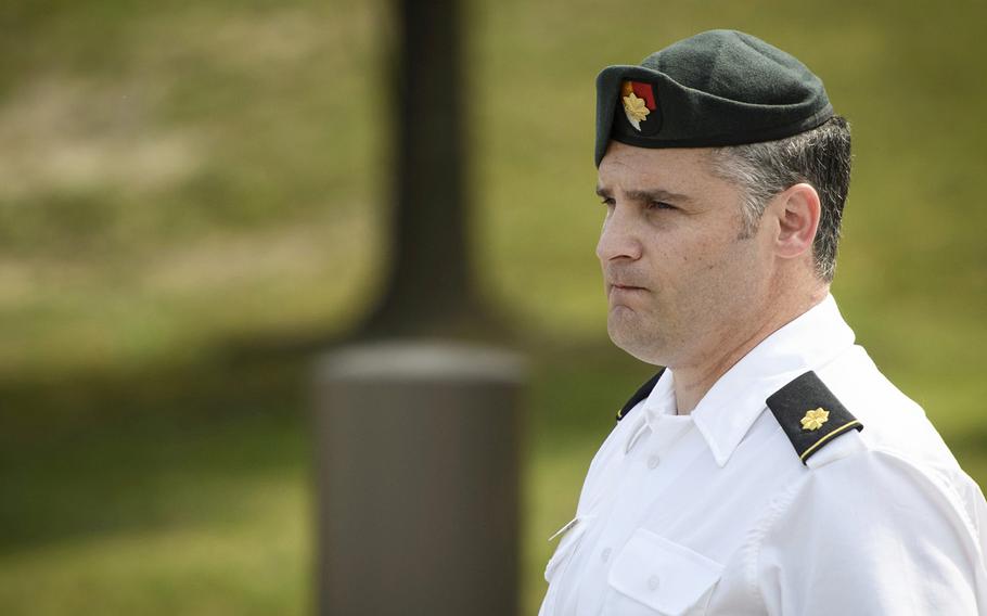 Maj. Mathew Golsteyn, a former Army Special Forces soldier, leaves the Fort Bragg, N.C. courtroom facility after an arraignment hearing on Thursday, June 27, 2019. Golsteyn entered a plea of not guilty in the killing of an unarmed Afghan national in 2010. 