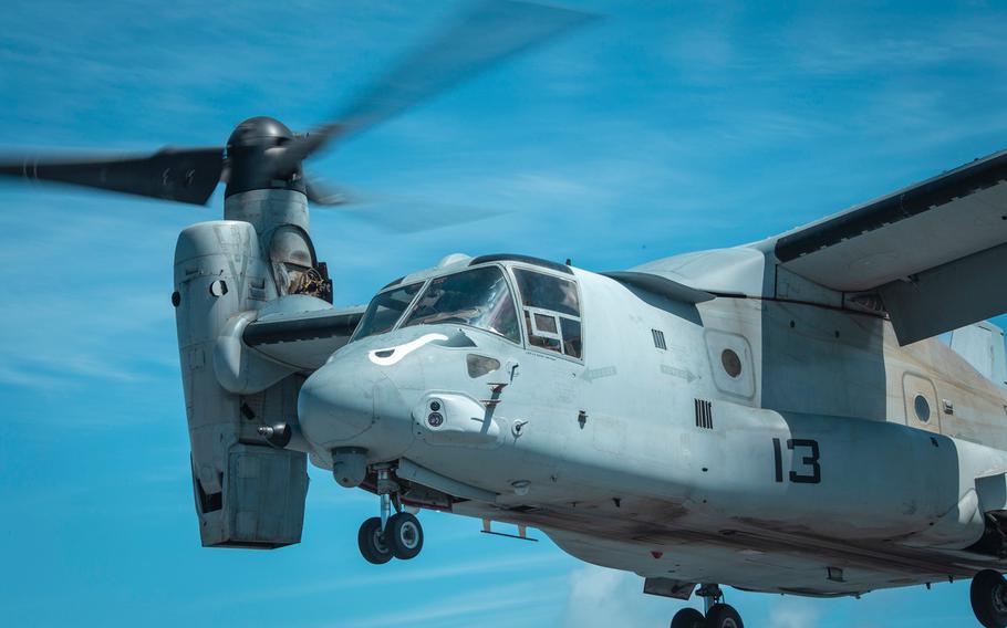 U.S. Marines with Marine Medium Tiltrotor Squadron 163 (Reinforced), 11th Marine Expeditionary Unit, prepare to land an MV-22 Osprey on March 23, 2019. 