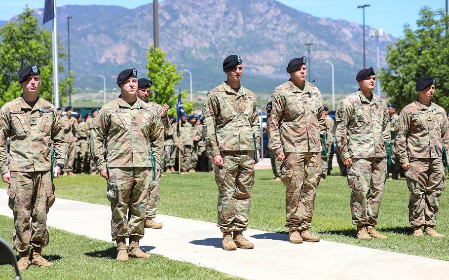 From left: Spc. Jacob S. Shontz, Spc. Joseph Smith, 1st Lt. Cooper L. Lemons, Sgt. 1st Class John Ballenger, Staff Sgt. Timme L. Jones, and Spc. Benaiah O. Wiedenhoft, all with 1st Battalion, 12th Infantry Regiment, 2nd Infantry Brigade Combat Team, 4th Infantry Division, receive awards in front of their peers and leaders June 11, 2019, during a ceremony at Fort Carson.