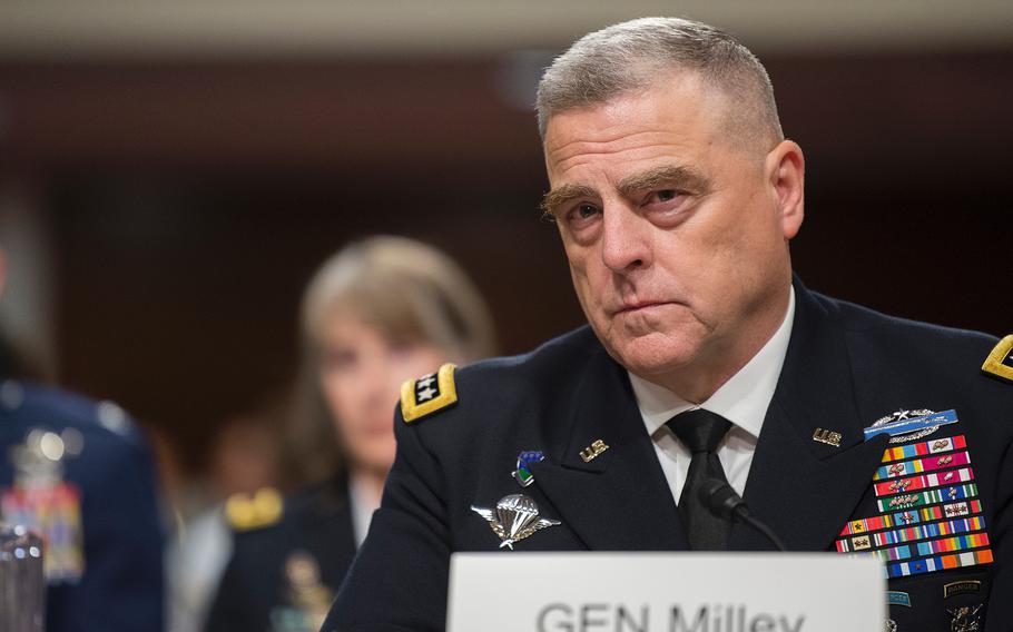 Army Chief of Staff Gen. Mark Milley testifies before the Senate Armed Services Committee as his nomination to become the next Chairman of the Joint Chiefs of Staff was considered on Thursday, July 11, 2019, on Capitol Hill in Washington.