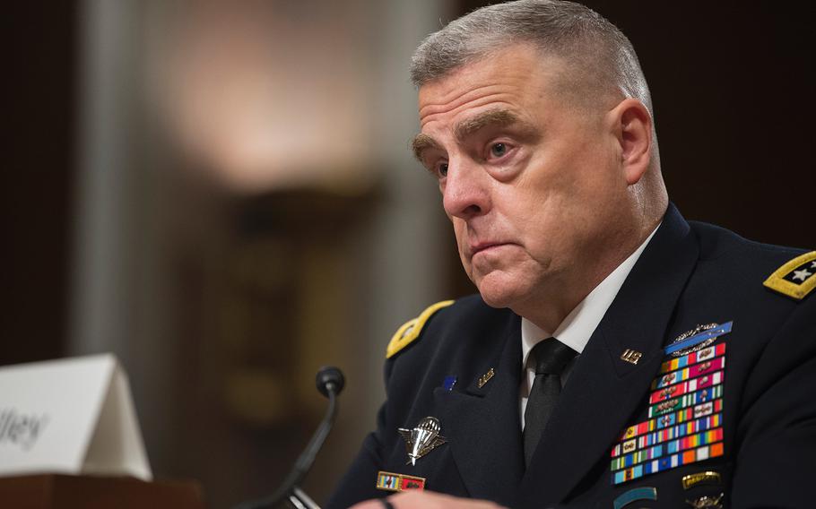 Army Chief of Staff Gen. Mark Milley testifies before the Senate Armed Services Committee as his nomination to become the next Chairman of the Joint Chiefs of Staff was considered on Thursday, July 11, 2019, on Capitol Hill in Washington.