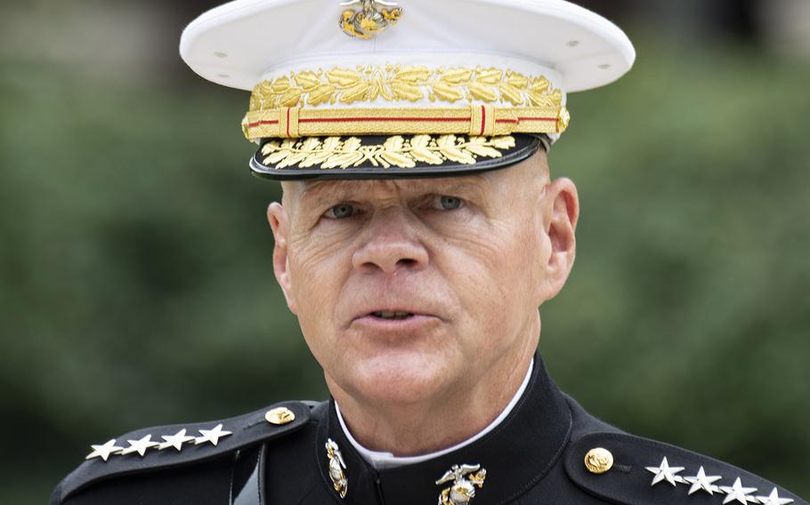 Retiring United States Marine Corps Commandant Gen. Robert Neller speaks at a passage of command ceremony at Marine Barracks Washington, D.C., July 11, 2019, during which Gen. David Berger became the 38th Commandant of the Corps. At the ceremony, which was attended by Acting Defense Secretary Mark Esper, Neller recounted the questions he's been asked over the past several days in anticipation of his retirement. "The last question they ask me is what are you most proud of, and that's tough," he said. "I'm proud of having served for, when they read it last night -- 45 years -- I almost fell out of my chair. It doesn't seem like 45 years."
