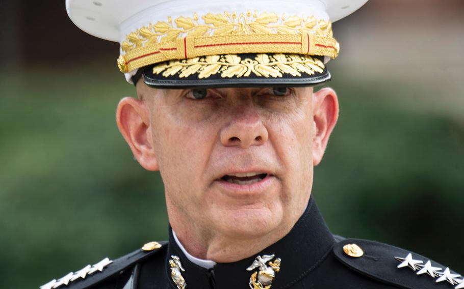 Gen. David H. Berger speaks at a passage of command ceremony at Marine Barracks Washington, D.C., July 11, 2019. Berger became the 38th Commandant of the United States Marine Corps, replacing retiring Gen. Robert Neller. Berger thanked Neller and the mentors he's had throughout the years, noting that he is still "coachable."