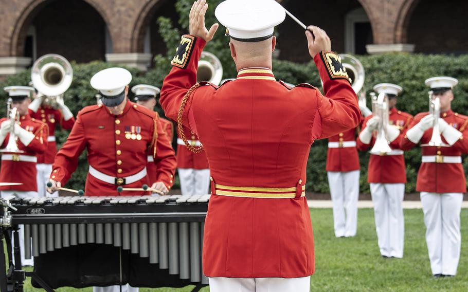 Members of the United States Marine Band perform at the passage of command ceremony at the Marine Barracks Washington, D.C., July 11, 2019. Gen. David H. Berger became the 38th Commandant of the United States Marine Corps, replacing retiring Gen. Robert Neller.