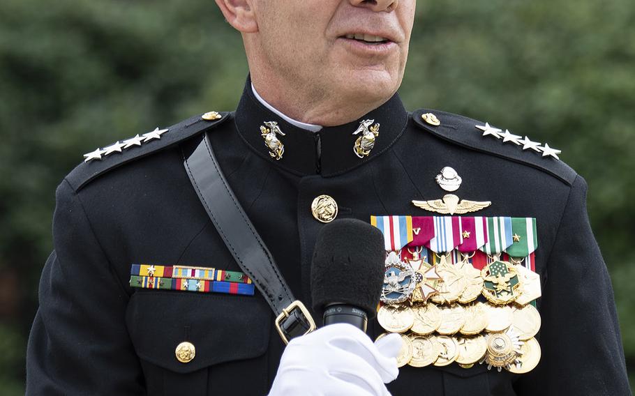 Gen. David H. Berger speaks at a passage of command ceremony at Marine Barracks Washington, D.C., July 11, 2019. Berger became the 38th Commandant of the United States Marine Corps, replacing retiring Gen. Robert Neller. Berger thanked Neller and the mentors he's had throughout the years, noting that he is still "coachable."