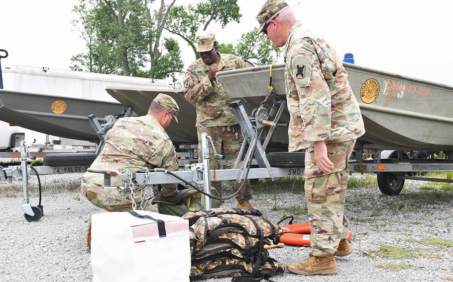 Soldiers with the 769th Brigade Engineer Battalion conduct inspections and test high-water vehicles, flat bottom boats and boating equipment in preparation for the state activation in support of Tropical Storm Barry, July 10, 2019, at the Armed Forces Reserve Center, Baton Rouge, La.