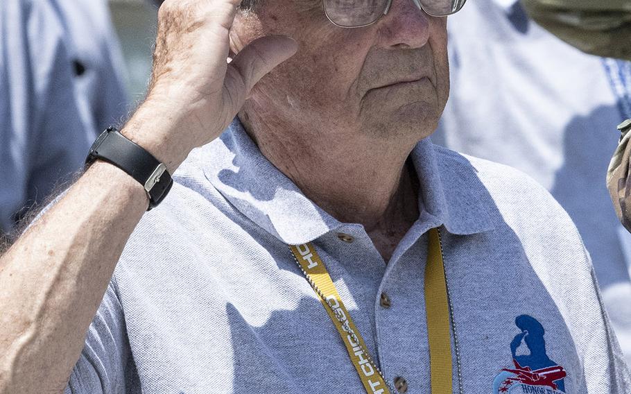 A veteran salutes during a ceremony to honor him and other visiting vets at the National World War II Memorial in Washington, D.C. on Wednesday, July 10, 2019. They came to the nation's capital as part of Honor Flight Chicago, a nonprofit that flies veterans out for a one-day trip several times a year.
