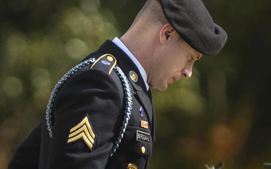 Army Sgt. Bowe Bergdahl leaves the Fort Bragg courtroom facility after a sentencing hearing on Thursday, Nov. 2, 2017.