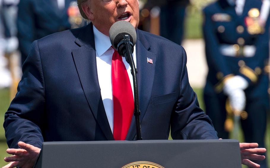 President Donald Trump speaks Thursday, July 25, 2019, outside the Pentagon during an ceremony honoring his new secretary of defense, Mark Esper, who was sworn in as Pentagon chief on Tuesday.