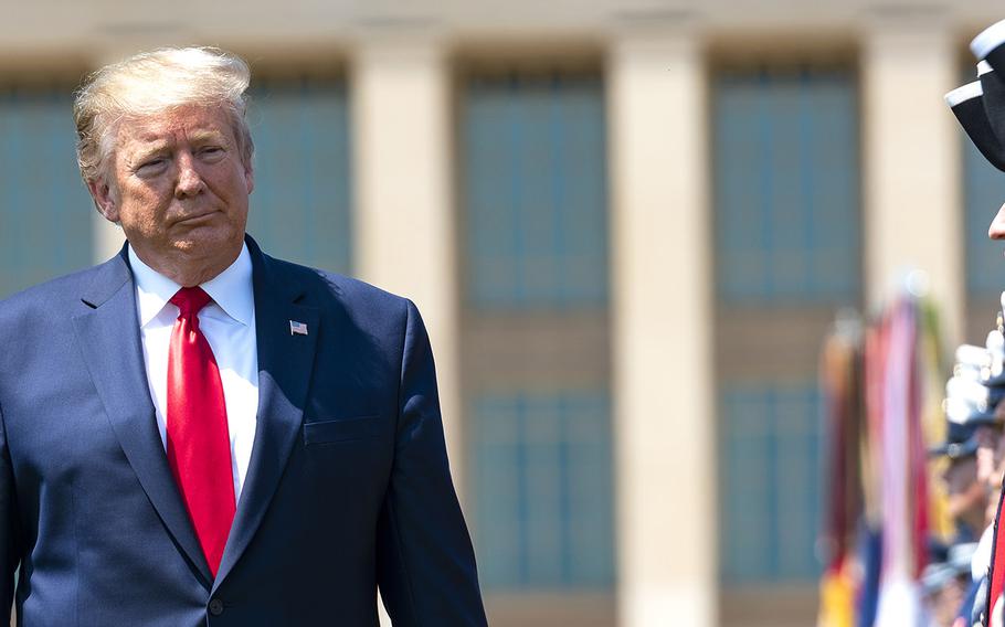 President Donald Trump is pictured on the Pentagon parade field on Thursday, July 25, 2019.