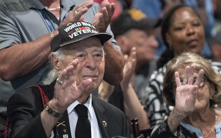 World War II veteran Herman Zeitchik attends the opening of a display featuring a flag from the 1944 D-Day landings at Utah Beach, France on July 26, 2019 at the Smithsonian National Museum of Ameican History in Washington, D.C. Zeitchik stormed Utah Beach on D-Day as part of the U.S. Army's 4th Infantry Division.