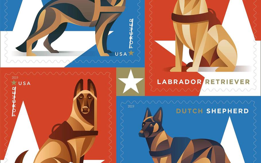 The U.S. Postal Service is releasing these four new stamps featuring military working dogs on Aug. 1, 2019. 