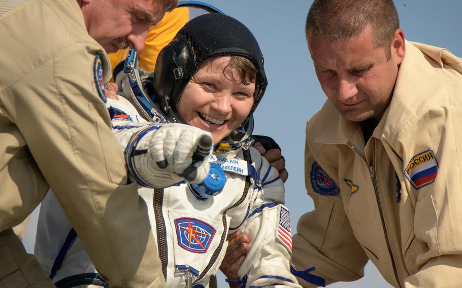 Army astronaut Lt. Col. Anne McClain exits the Soyuz MS-11 spacecraft minutes after she landed back on Earth, June 25, 2019. McClain is one of 12 female astronauts eligible to fly to the moon, and the only one serving in the Army, according to NASA.  

