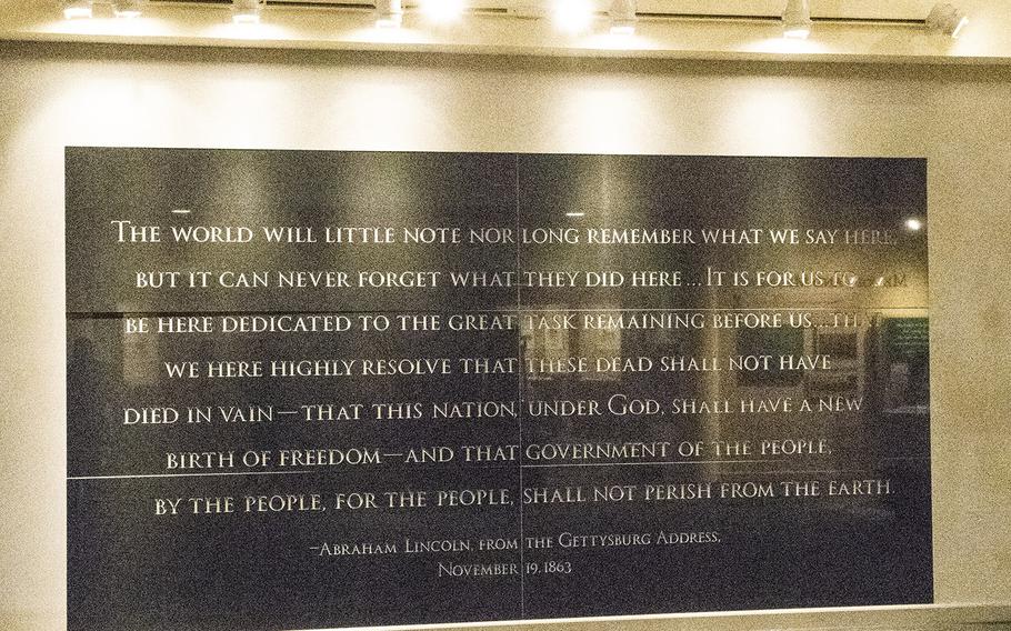 A wall at the National Civil War Museum in Harrisburg, Pa. memorializes a part of the Gettysburg Address that Abraham Lincoln gave on Nov. 19, 1863.