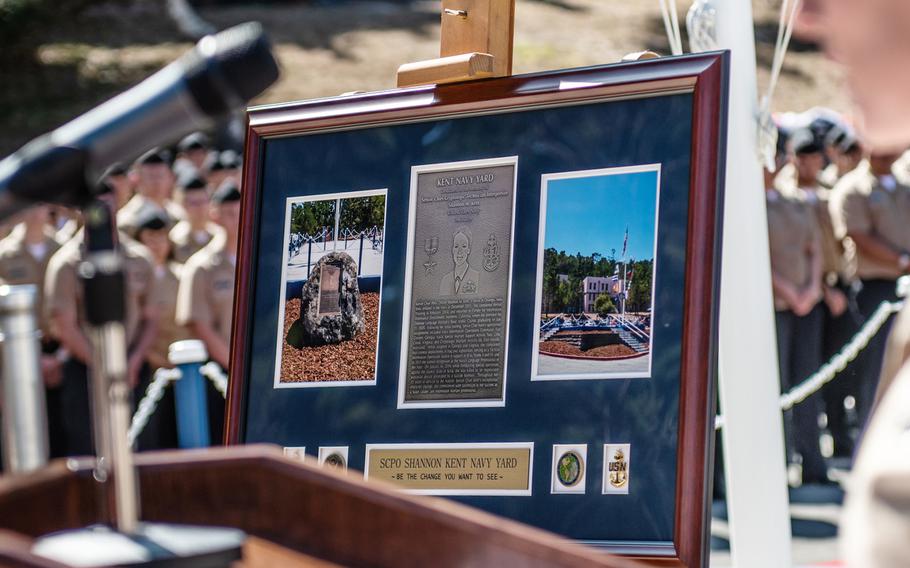 A gift for the dedication of the Kent Navy Yard is seen at the Presidio of Monterey, California, Aug. 21, 2019. The Kent Navy Yard is named after Senior Chief Petty Officer Shannon Kent, a Navy linguist who died in Syria Jan. 16, 2019.