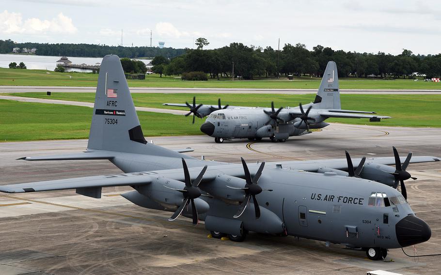 In an August 25, 2019 photo, WC-130J Super Hercules aircraft from the 53rd Weather Reconnaissance Squadron, known as Hurricane Hunters, prepare to leave Keesler Air Force Base, Miss., for a staging area on Curaçao and eventually into Hurricane Dorian.