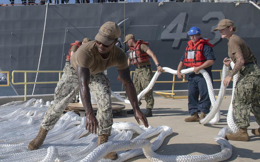 Sailors assigned to Naval Station Mayport, Fla., lay down mooring lines as the Whidbey Island-class amphibious dock landing ship USS Ft. McHenry is moved in preparation for Hurricane Dorian at Naval Station Mayport, Aug. 29, 2019.