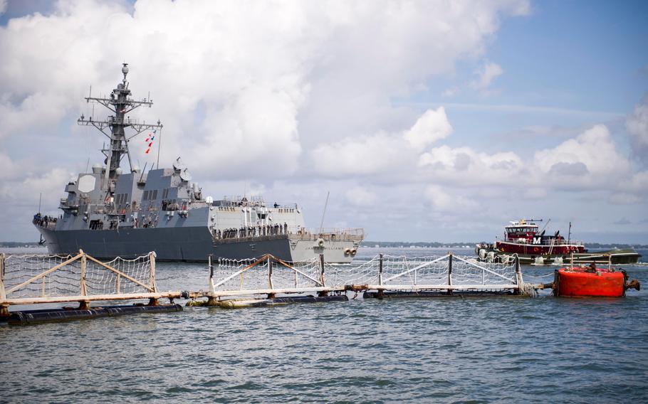 The guided-missile destroyer USS James E. Williams departed Naval Station Norfolk after the announcement of mandatory evacuation ahead of Hurricane Florence, Sept. 10, 2018.