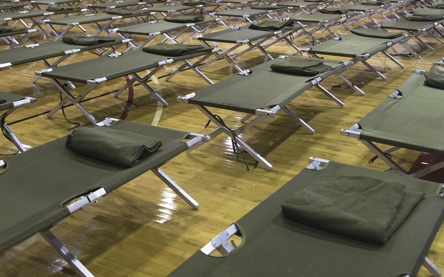 Cots are laid out in preparation for hurricane Dorian in the Marine Dome at Marine Corps Air Station Cherry Point, North Carolina, Sept. 5, 2019. The Marine Dome opened Sept. 5, at 9 a.m., to provide shelter for anyone with valid installation access.