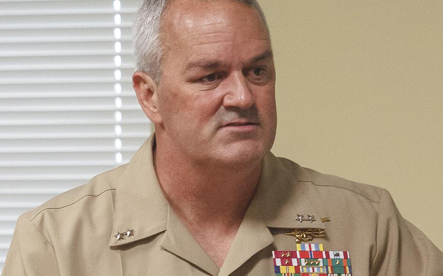 Rear Adm. Collin P. Green, shown here speaking at Homestead Air Reserve Base, Fla., in 2017, has dismissed SEAL Team 7's top three leaders from their duties.