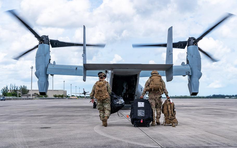 In a September 4, 2019 photo, airmen from the U.S. Air Force's Crisis Response Group board a Marine Corps MV-22 Osprey from the Navy's USS Bataan at Homestead Air Reserve Base, Fla., in support of disaster Relief efforts in the Bahamas. More active duty troops are on their way to the storm-ravaged islands, the Pentagon announced on Monday.
