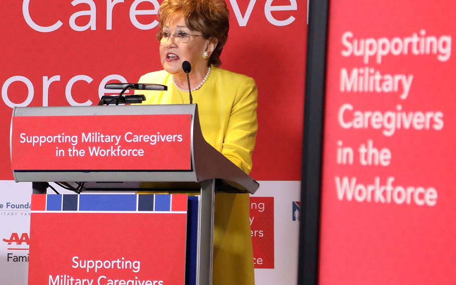 Former Sen. Elizabeth Dole speaks before an audience of companies and military and veteran caregivers at the "Supporting Military Caregivers in the Workforce" summit hosted Tuesday by the Elizabeth Dole Foundation, AARP, and the U.S. Chamber of Commerce's Hiring Our Heroes foundation in Washington, D.C.