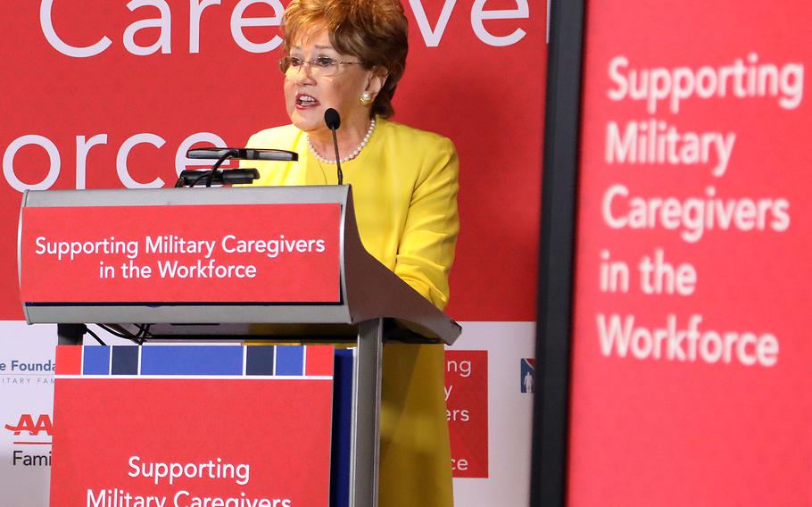 Former Sen. Elizabeth Dole speaks before an audience of companies and military and veteran caregivers at the "Supporting Military Caregivers in the Workforce" summit hosted Tuesday by the Elizabeth Dole Foundation, AARP, and the U.S. Chamber of Commerce's Hiring Our Heroes foundation in Washington, D.C. 