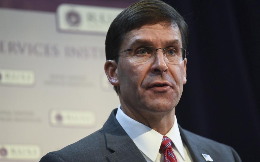 Defense Secretary Dr. Mark Esper attends an event in London on Sept. 6, 2019. Pentagon officials confirmed on Wednesday, Sept. 11, that Esper has approved troop deployments along the US-Mexico border through 2020.

