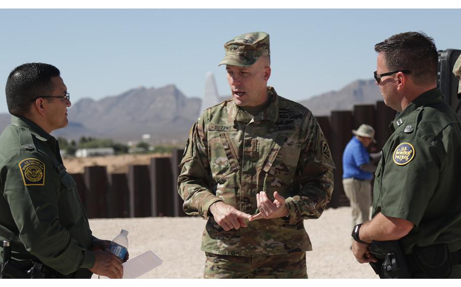 Brig. Gen. Walter Duzzny, the Deputy Commanding General of U.S. Army North, speaks to border patrol agents in Sunland Park, New Mexico, on June 6, 2019. Pentagon officials confirmed on Wednesday, Sept. 11, that Defense Secretary Mark Esper has approved troop deployments along the US-Mexico border through 2020.