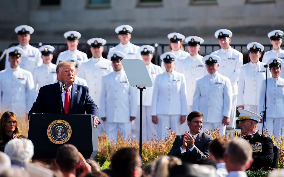 President Donald Trump speaks Wednesday, Sept. 11, 2019 at the Pentagon during a ceremony marking the 18th anniversary of the 9/11 terrorist attacks there and in New York City.