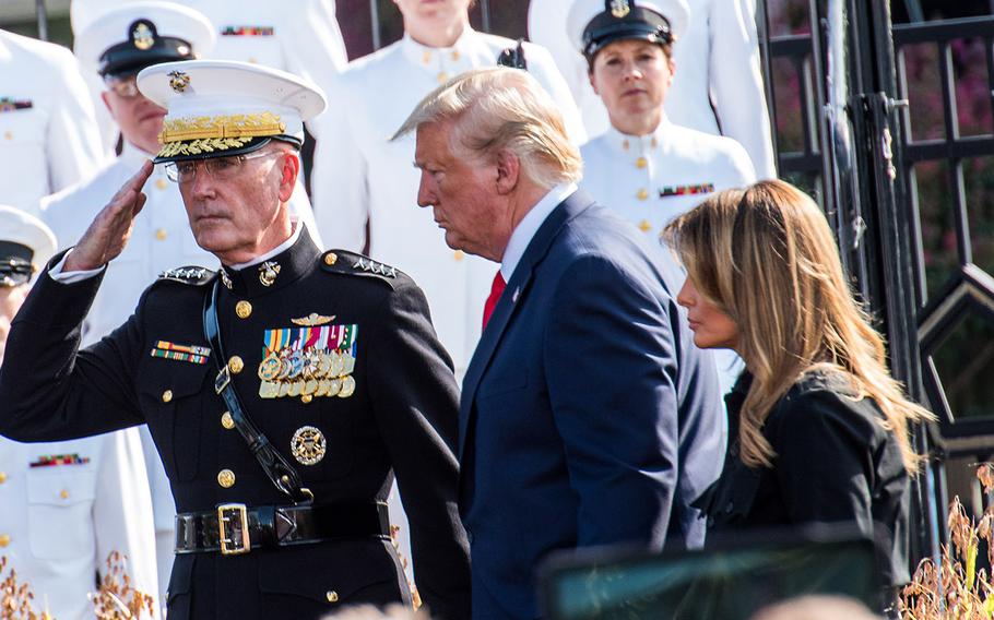 Marine Gen. Joseph Dunford, the chairman of the Joint Chiefs of Staff, salutes as President Donald Trump and Melania Trump arrive at the Pentagon on Wednesday, Sept. 11, 2019 for the annual 9/11 commemoration.