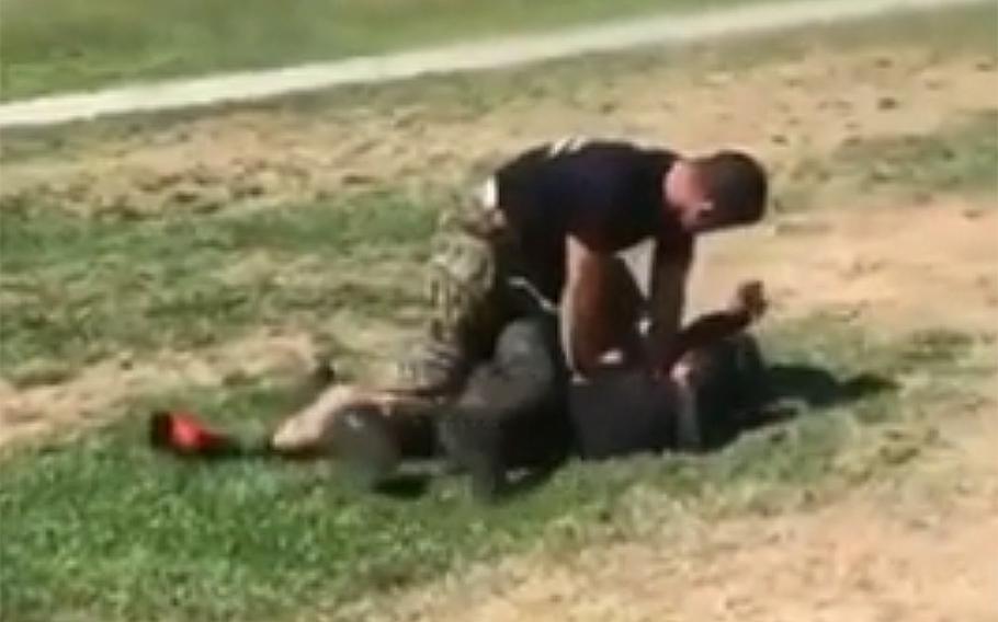 A screen capture from the video of the incident at Edison High School in Stockton, Calif.