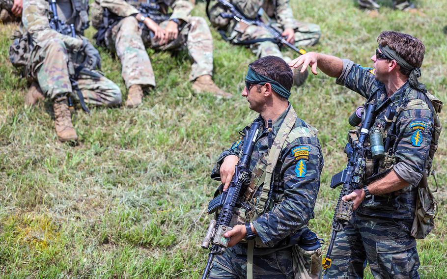 Green Berets of 5th Special Forces Group (Airborne) are pictured here wearing tiger stripe uniforms on Wednesday, Aug. 14, 2019, during a joint exercise on Fort Campbell, Ky. 